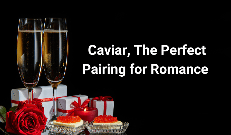 champagne flutes, gift boxes, a rose, and caviar